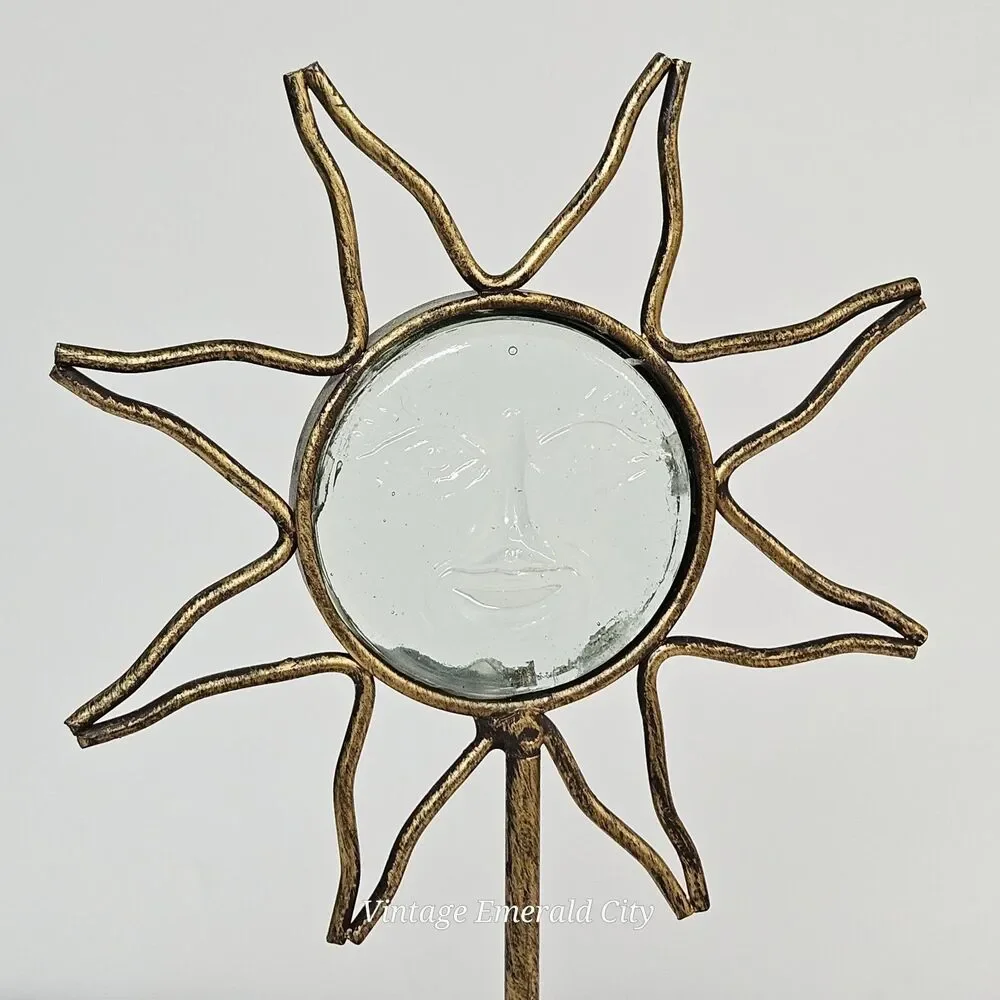 Vtg Sunburst Gold Metal Candle Holder Glass Sun Face 3d Mystical  Celestial Boho
